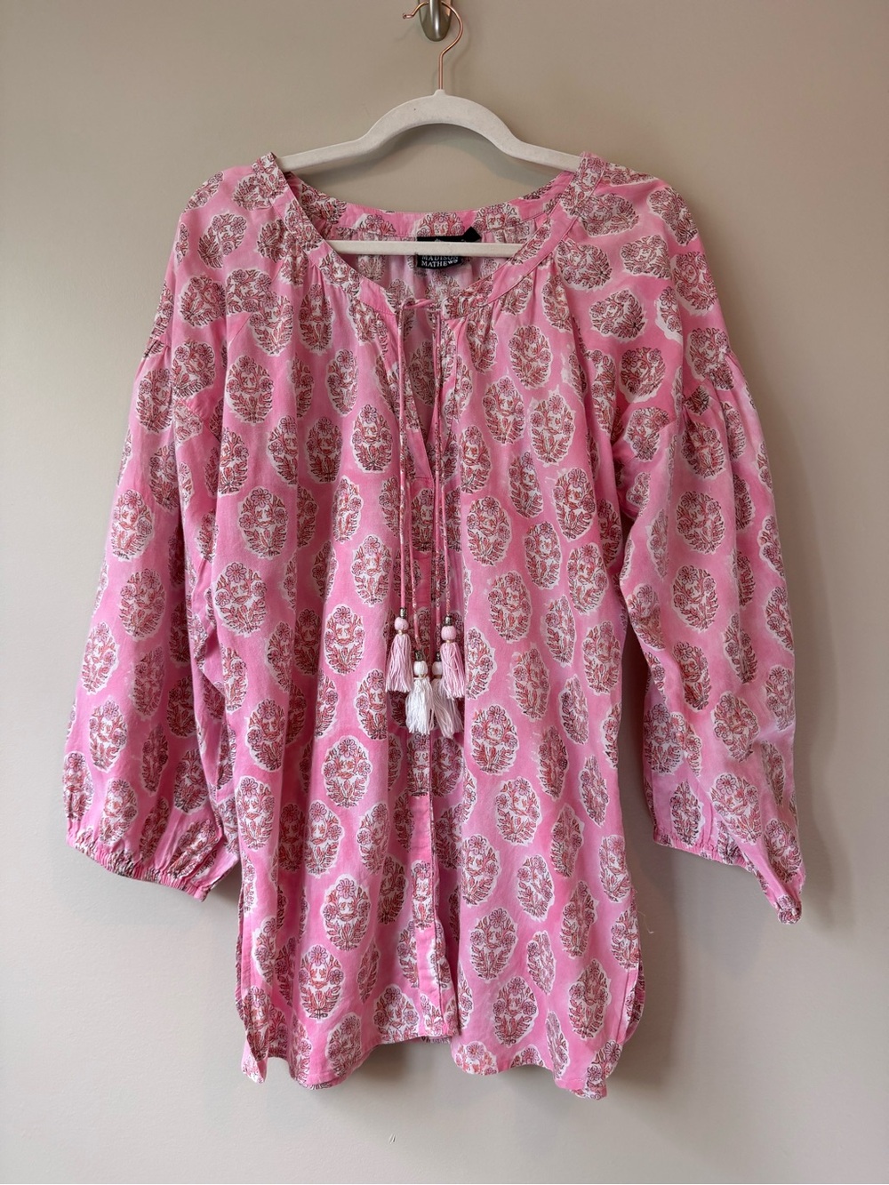 Madison Mathews Block Print Tassel Tie Tunic Top Size M | Pink | Good Condition